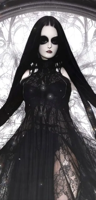 Gothic figure in black lace with intricate background.