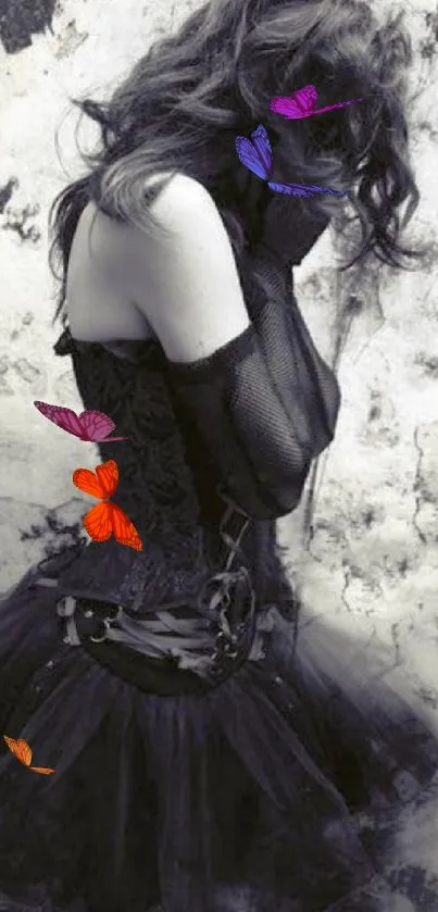 Gothic woman in dark corset dress against textured wall.