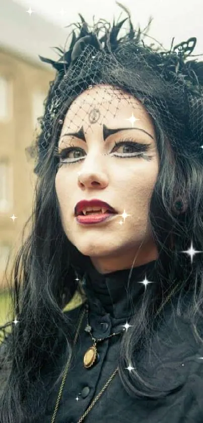 Gothic woman with elegant makeup and black attire in a vintage setting.