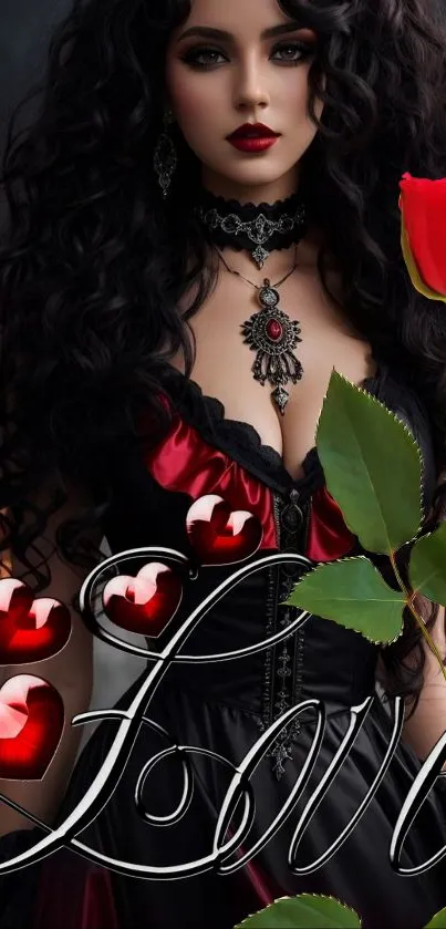 Gothic woman with rose and hearts.