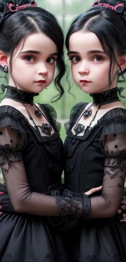 Gothic twins in elegant black dresses with a mysterious backdrop.