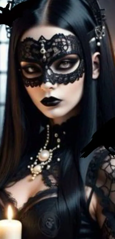 Gothic woman in lace mask with candlelight and raven silhouette.