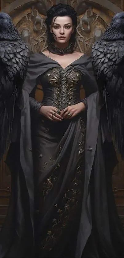 Mysterious woman with ravens in gothic attire.