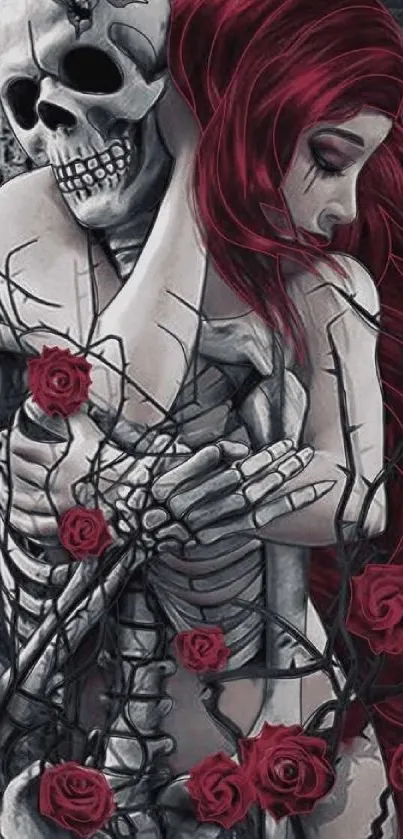 Gothic artwork showing a skeleton embracing a woman among roses.