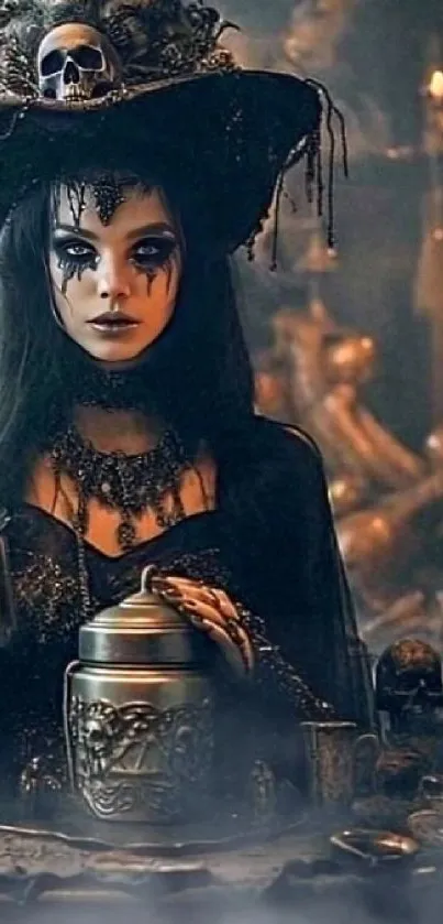 Gothic woman with skulls and candles in mystical setting.