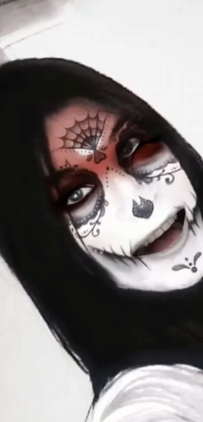 Gothic face art design with dark makeup on a mobile wallpaper.