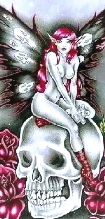 Gothic fairy with red wings sits atop a skull surrounded by roses.