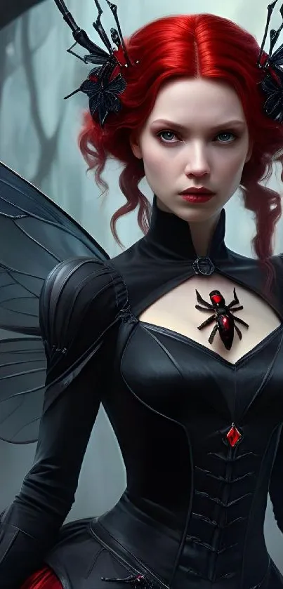 Red-haired gothic fairy with dark wings and intricate design.