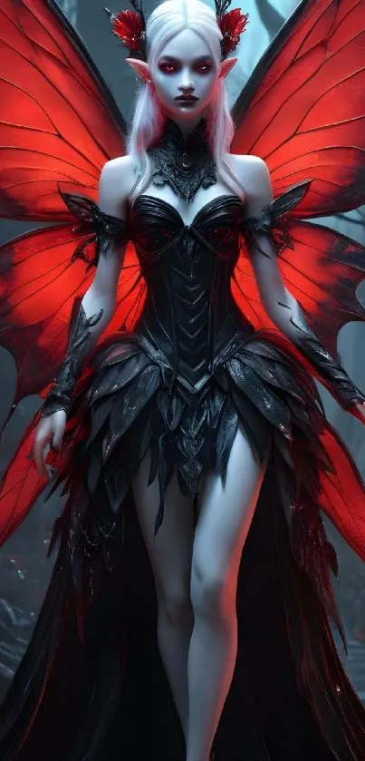 Gothic fairy with red wings in a dark, fantasy setting.