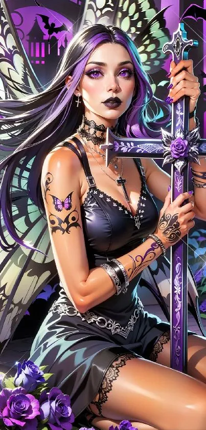 Gothic fairy with cross in purple hues.