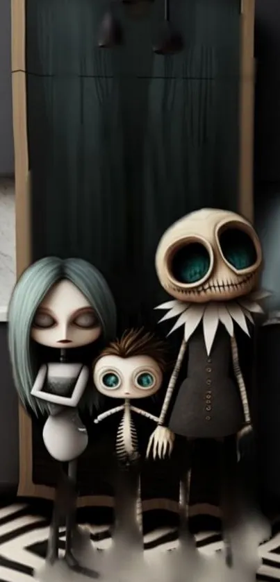 Stylized gothic family in dark tones mobile wallpaper.