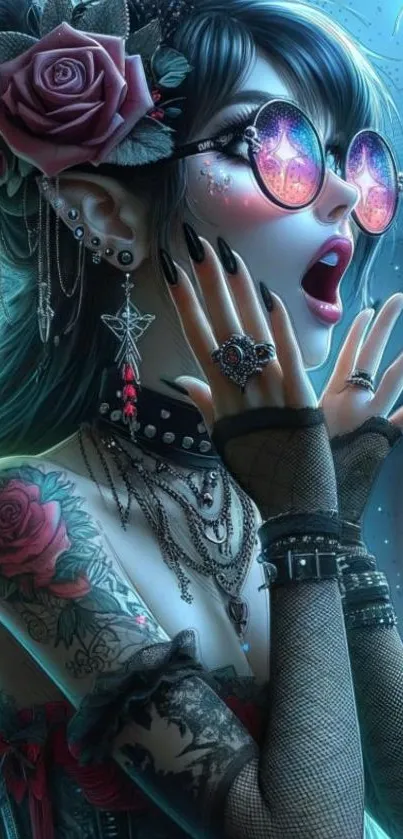 Gothic fantasy anime girl with roses and sunglasses.