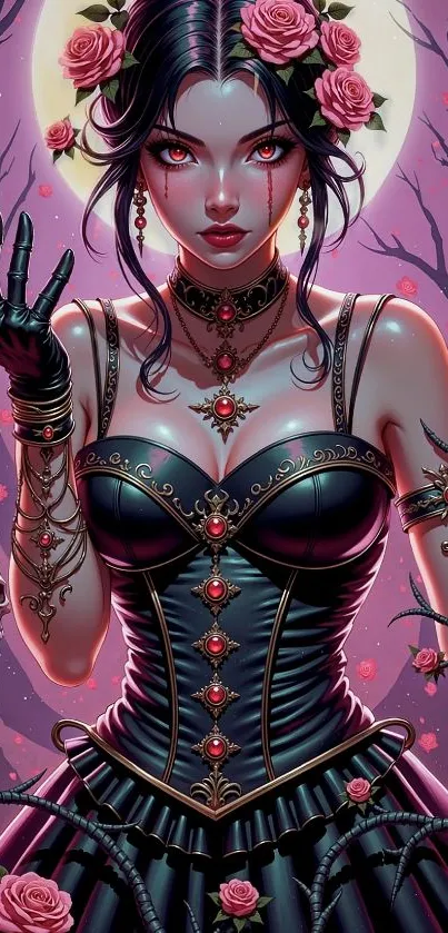 Gothic fantasy anime character with roses and skulls.