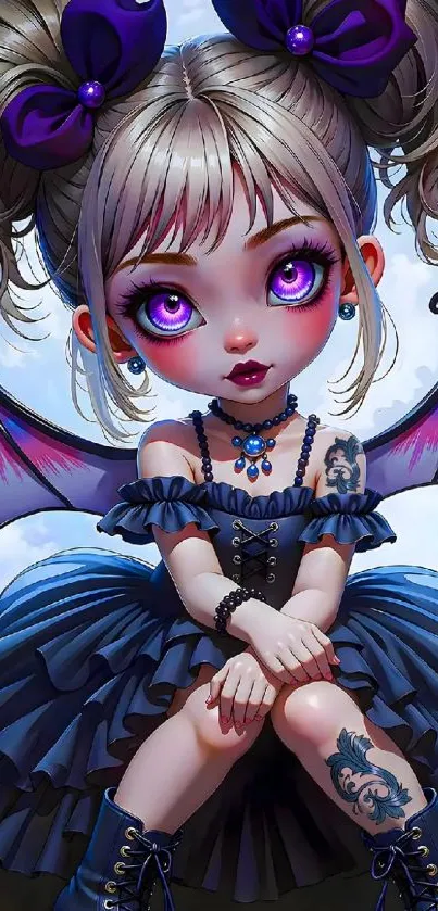 Anime girl with purple eyes and wings in a gothic fantasy setting.