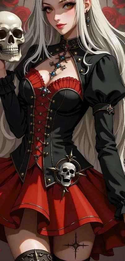 Gothic anime character with skull and red attire.