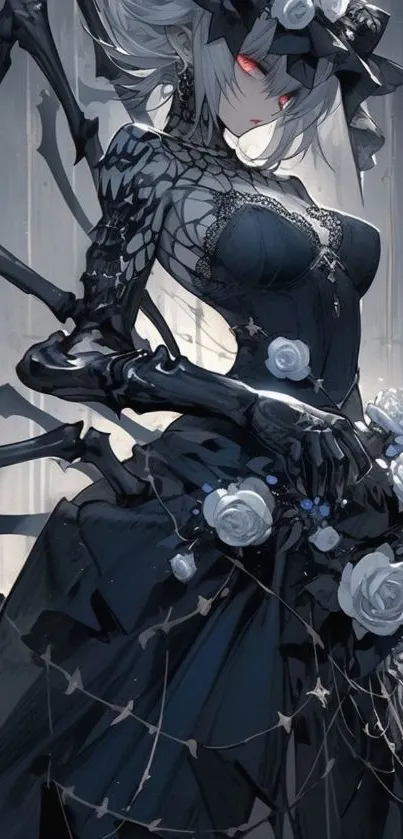Gothic fantasy anime character with spider motifs and roses.
