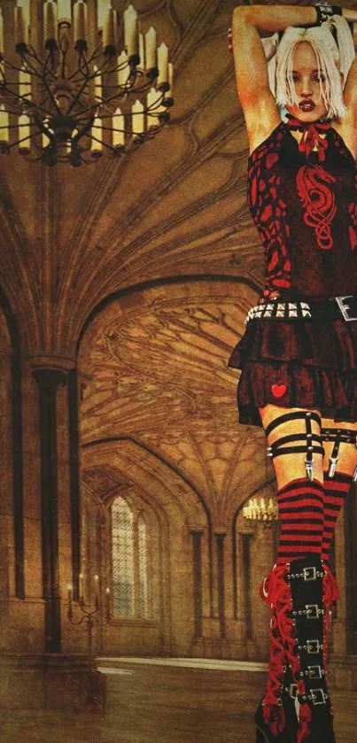 Gothic fantasy art wallpaper with character in cathedral.