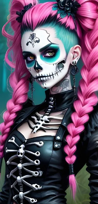 Gothic fantasy art with pink-haired skull-faced woman.