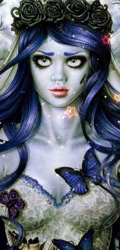 Gothic fantasy artwork with blue-haired maiden and butterflies.