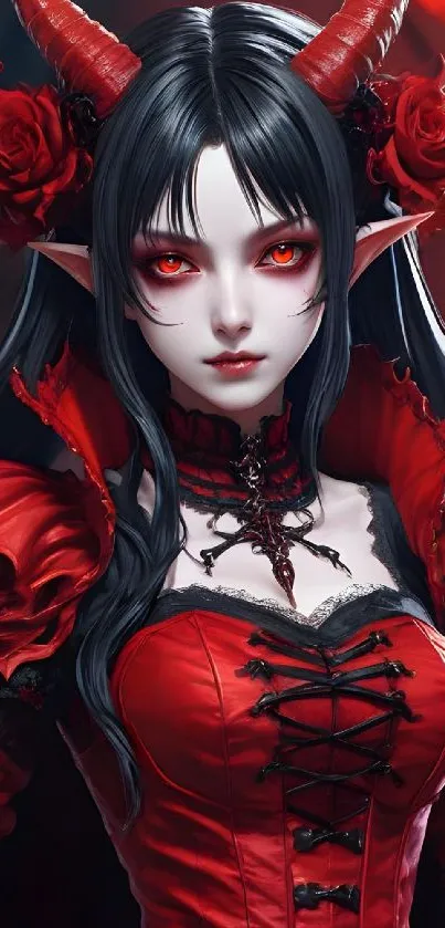 Gothic fantasy character with red eyes and horns in a crimson theme wallpaper.