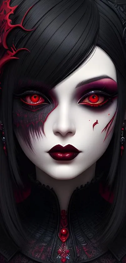 Dark gothic anime portrait with red eyes.