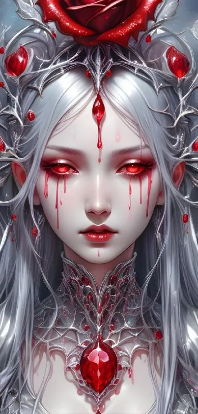 Gothic fantasy art with red and silver highlights.