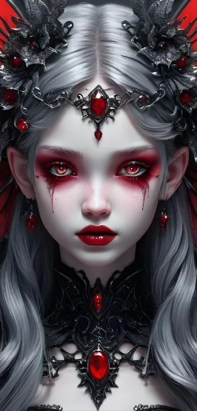 Gothic fantasy wallpaper with a character in silver hair and red accents.