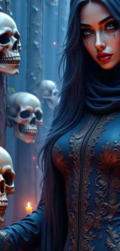 Gothic fantasy wallpaper with woman and skulls in a mystical setting.