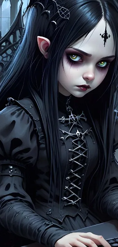 Gothic fantasy character with dark attire and striking eyes.