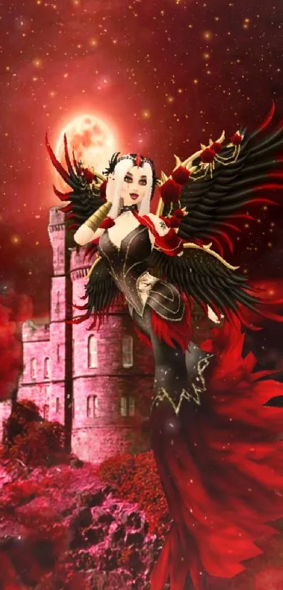 Gothic fantasy art featuring a winged character by a castle under a crimson sky.