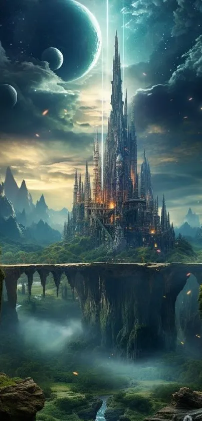 A fantasy castle under a starry night sky with surreal landscapes and planets.