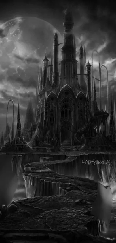 Gothic fantasy castle under a full moon.