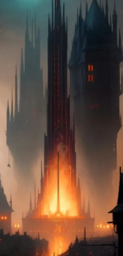 Gothic fantasy cityscape with burning towers and dark skyline.