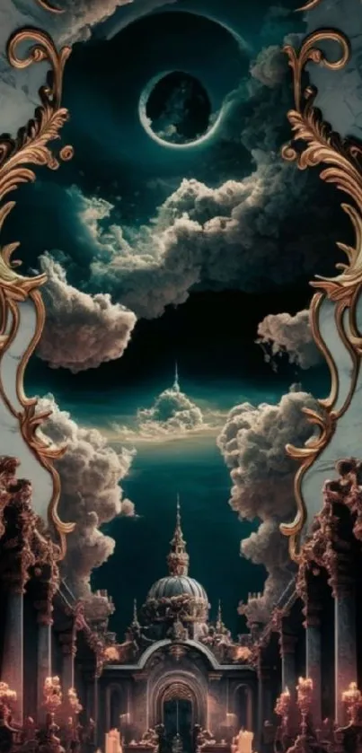 Mystical palace with ornate design and cloudy teal sky.