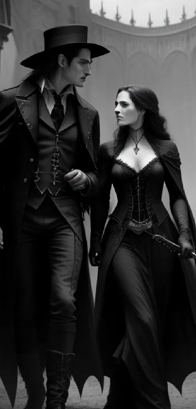 Mysterious gothic couple in dark attire in a fantasy setting.