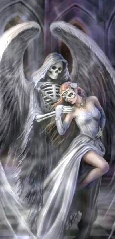 Gothic fantasy angel and skeleton dancing.