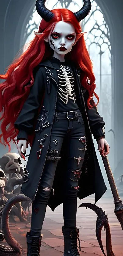 Gothic demon girl with red hair in a skeleton-themed fantasy setting.