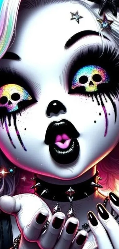 Gothic fantasy doll with vibrant colors and skull motifs on mobile wallpaper.