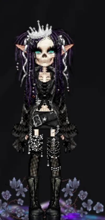 Gothic fantasy doll with crown and floral design on a dark background.