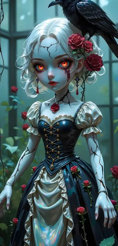 A gothic fantasy doll with red eyes and a crow perched on her shoulder.