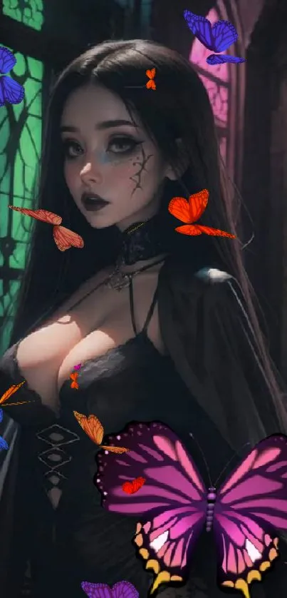 Gothic fantasy girl in dark tones with butterfly and colorful glass.