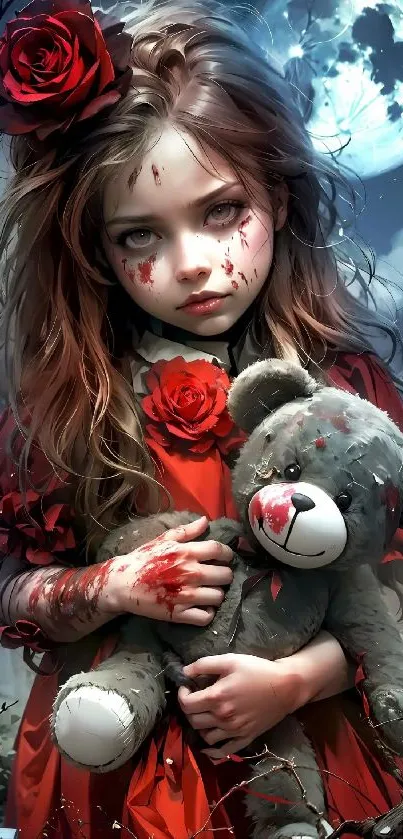 Gothic girl with teddy bear under a full moon.