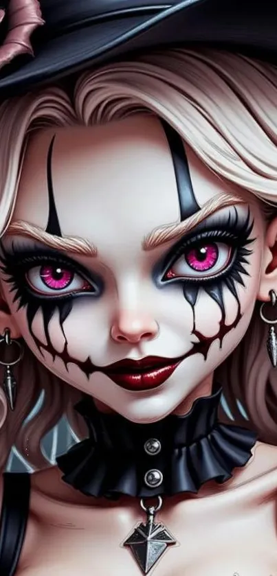 Gothic fantasy girl with pink eyes and artistic makeup.