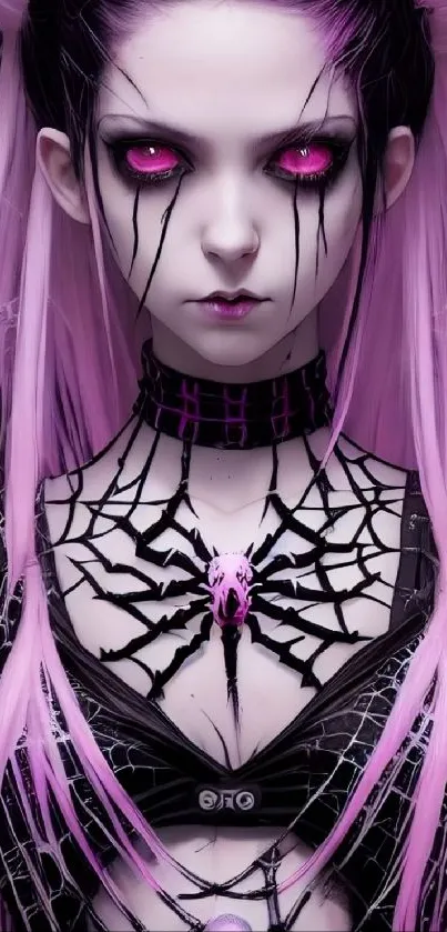 Gothic fantasy girl with pink hair and spider web design.