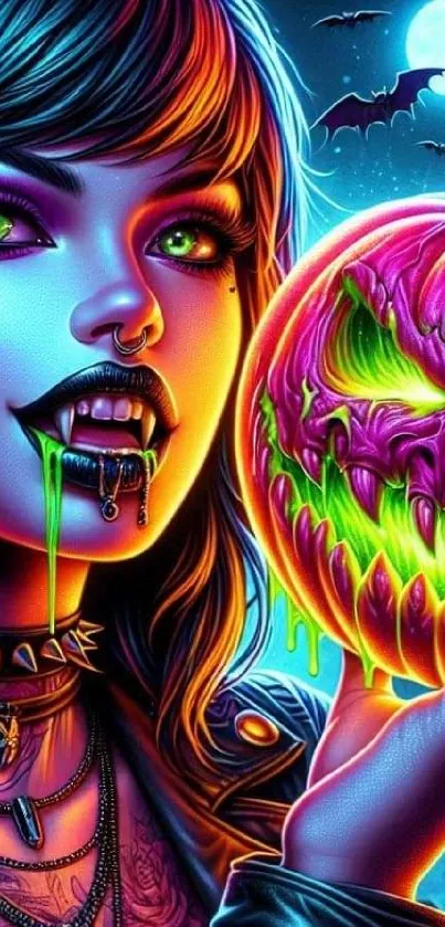 Gothic themed artwork with vibrant Halloween aesthetic, featuring a vampire and glowing pumpkin.