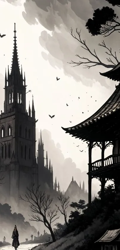 Gothic fantasy landscape with spire and pagoda.