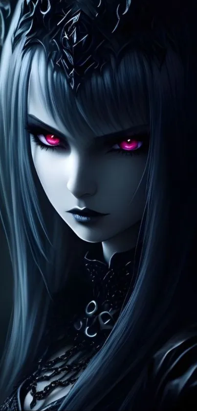 Gothic fantasy queen with red eyes in dark theme mobile wallpaper.