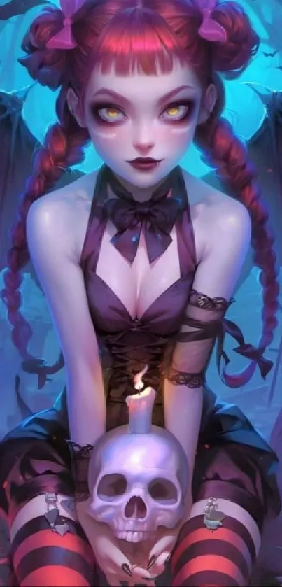 Gothic artwork featuring a red-haired character with bat wings, holding a skull.