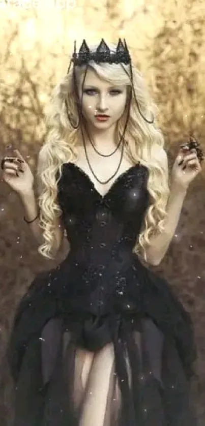 Gothic figure in a dark, mystical forest setting with elegant attire.