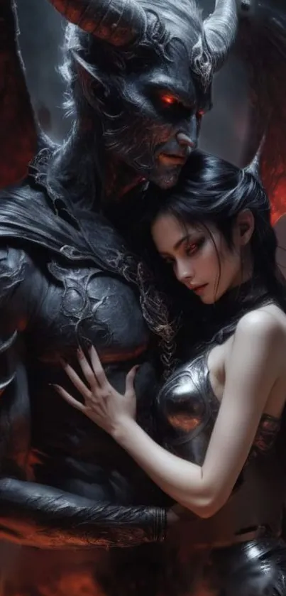 Gothic fantasy wallpaper of a demon and woman in an embrace.